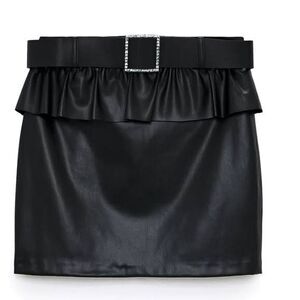 Zara Black Faux Leather Peplum Ruffle Mini Skirt Jewel Buckle Belt Size Small